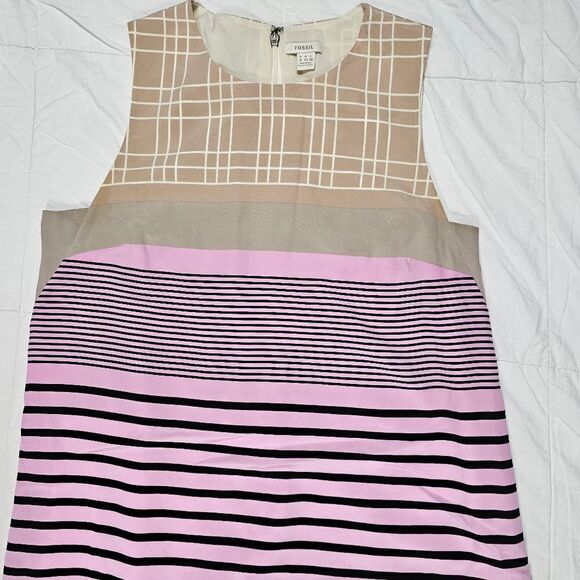 Fossil Silk‎ Tan and Pink Striped Sleeveless Midi Dress Women's Size 6 - Picture 4 of 8